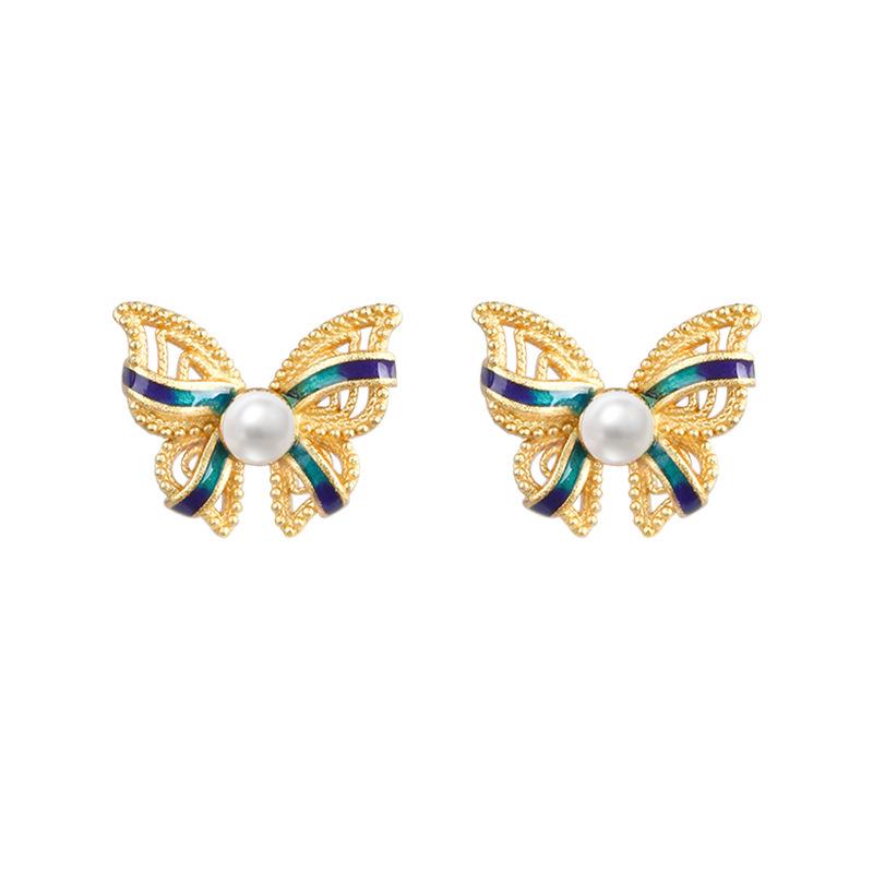 925 Sterling Silver Chinese-Style Butterfly Pearl Earrings with Enamel Color
