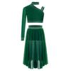 Complete Lyrical Performance Outfit for Girls Unique Shoulder Design Crop Top & Flowy Irregular Hem Mesh Skirt Set