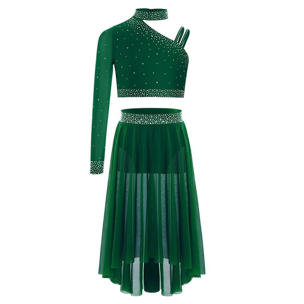 Complete Lyrical Performance Outfit for Girls Unique Shoulder Design Crop Top & Flowy Irregular Hem Mesh Skirt Set