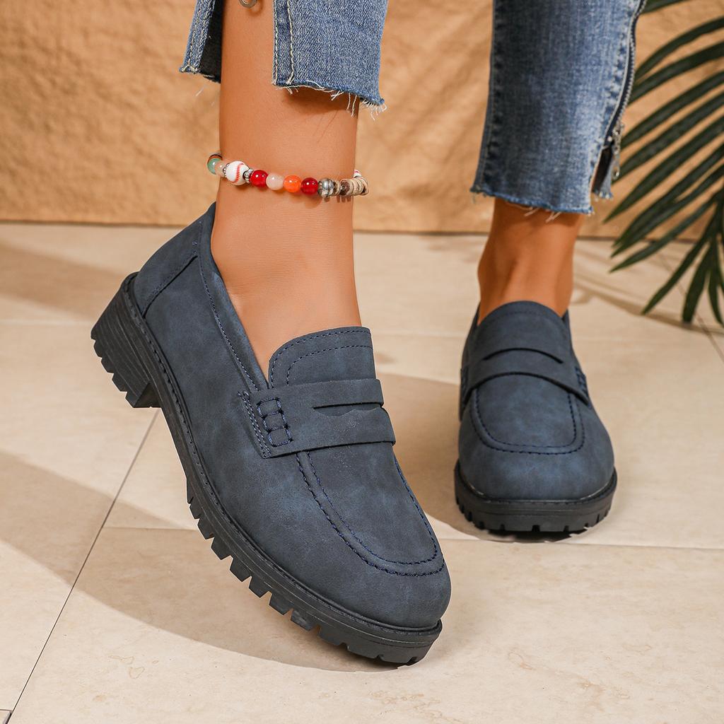 Damen Loafer mit breiter Weite und Plateau, Flats mit Blockabsatz im britischen Stil, Vintage Freizeitschuhe für Damen