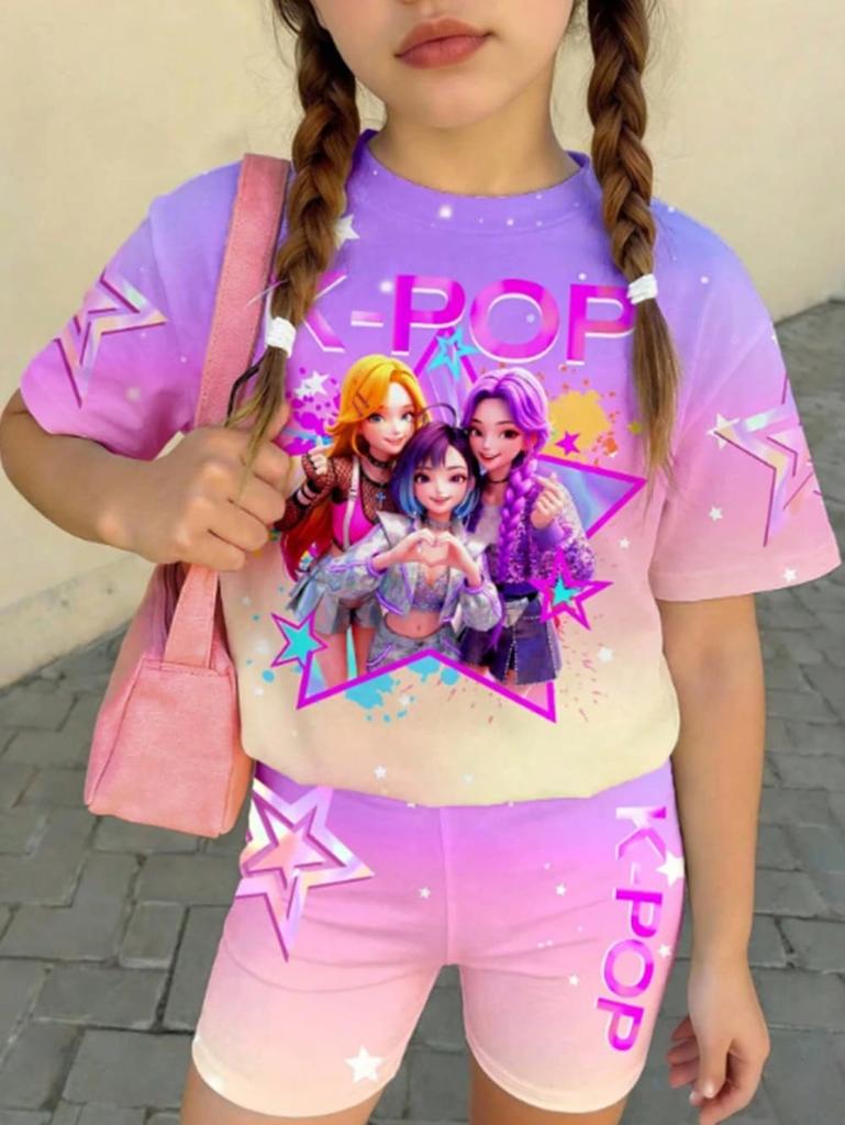 Conjunto de Camiseta y Pantalones Gráficos de Dibujos Animados Kpop para Niñas Ropa de Verano para Niñas Lindo Conjunto de Manga Corta Conjunto de Camiseta y Pantalones Cortos para Niños