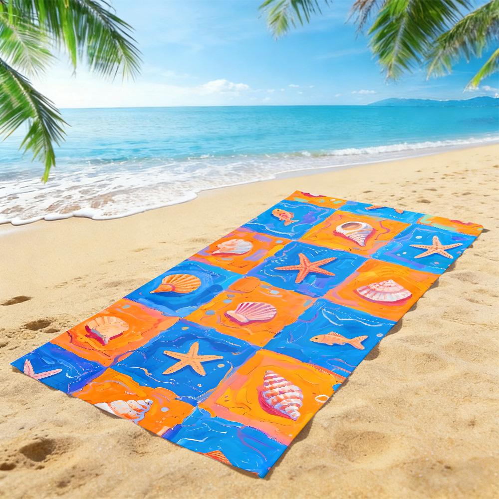 Lebendiges Orange Blau Strandtuch – Premium Schnelltrocknend Saugfähig mit Muschel Seestern Collage für Sommer Strandtage