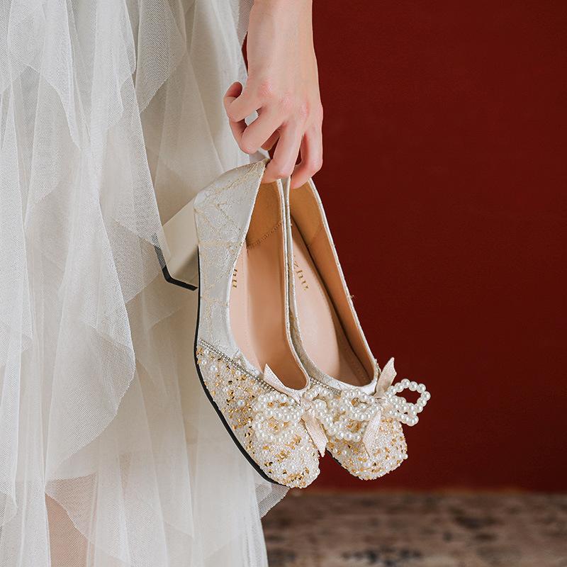 Chaussures Femme Escarpins de Luxe Belle Chaîne de Perles Nœud Chaussures à Talons Hauts Chaussures de Fête pour Fille