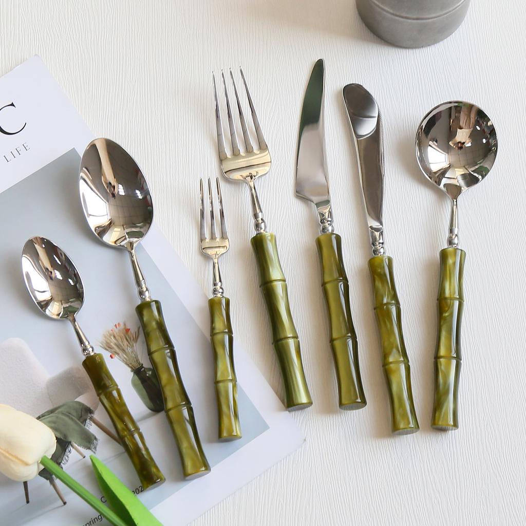 Acrylic bamboo 304 stainless steel tableware set, steak knife, fork, spoon dinnerware set 1pc/5-piece set