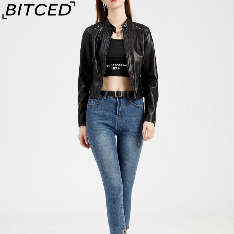 BITCED Women's Studded Leather Jacket Spring/Autumn Long-Sleeved Stand-Collar Fashion Jacket