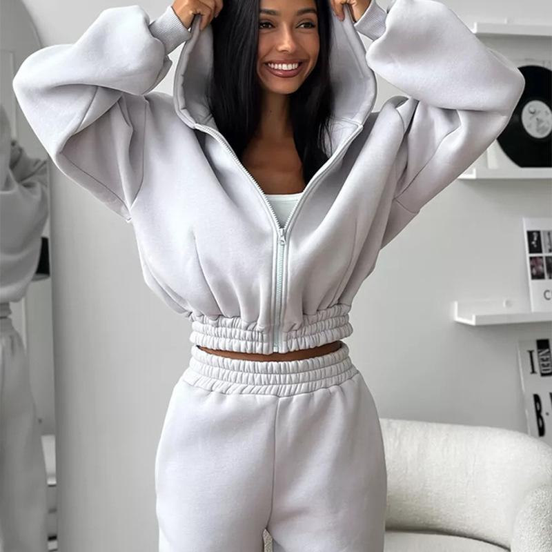 Casual women's suit European and American hoodie long-sleeved zipper cardigan sweater sports elastic trousers two-piece set