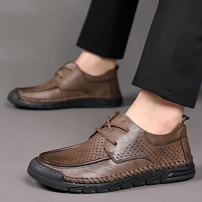 Men Split Leather Business Casual Shoes Summer Punching Leather Comfortable Driving Flats Mens Outdoor Hollow Out Oxfords Shoes