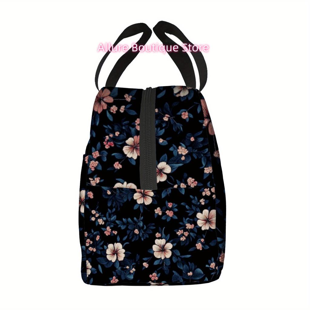 1pc, Floral Pattern on Dark Background, Printed Thermal Bag, Insulated Bag, No Food Contact, Suitable for Home, Restaurant, Offi
