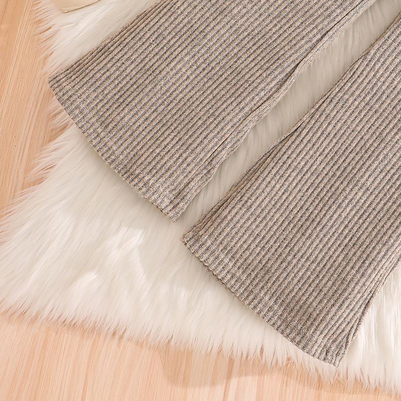 Mädchen Outfit Herbst Winter Neu Gestrickt Gerippt Langarm Kapuzen Reißverschluss Oberteil Mode Schlaghose