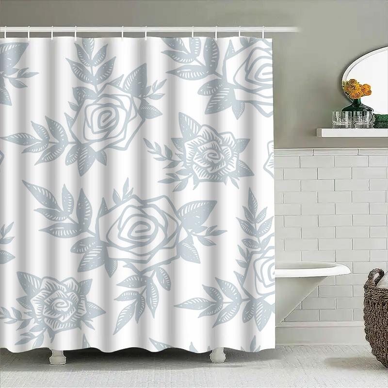 Vintage Floral Print Shower Curtain Waterproof Bathroom Decor Home Decoration Rectangular Shower Curtains For Bathrooms Grey Whi