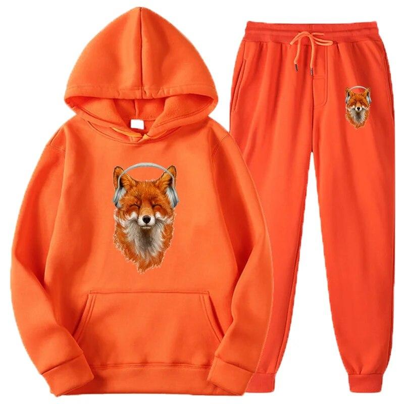 

Милый улыбающийся музыкальный принт лисы, мужские и женские спортивные костюмы, повседневная толстовка с капюшоном + брюки, комплекты из 2 предметов, пуловер большого размера, модная одежда унисекс M