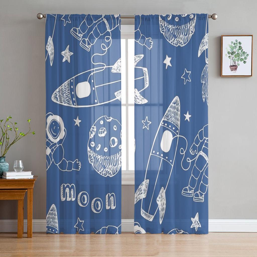 Zasłony Przezroczyste do Pokoju Młodzieżowego Rakieta Kosmiczna Planeta Zasłony do Kuchni Gabinetu Dekoracje Świąteczne do Salonu Zasłony Tiulowe