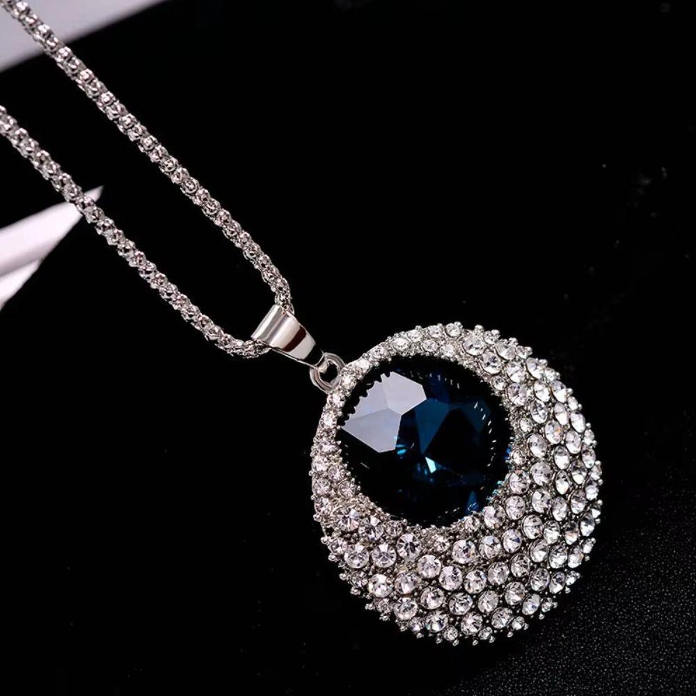 Luxury Blue Long Chain Necklace Minimalist Style Crystal Pendant Necklace  Gift Jewelry