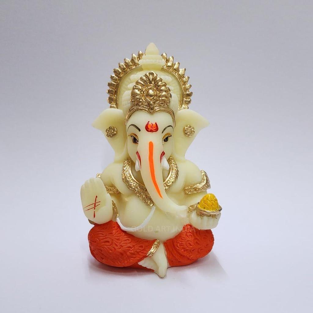 Resin Lord Ganesha Idol for Car Dashboard, Home, Office | Ganpati Statue for Mandir Decor | Handcrafted Ganesh Murti (Red & Ivory)