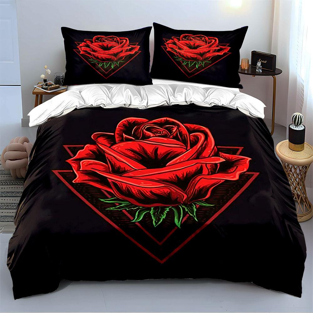 Red Rose with Triangle Design Bedding Duvet Cover Set Duvet Cover Pillowcases (1*Duvet Cover 2*Pillowcases, without duvet insert)