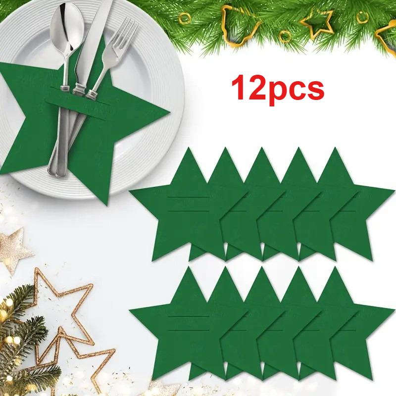 12pcs Christmas Star Five-Pointed Table Mats, Felt Fork and Spoon Bag Set, Christmas Table Decoration Tableware Bag, Christmas