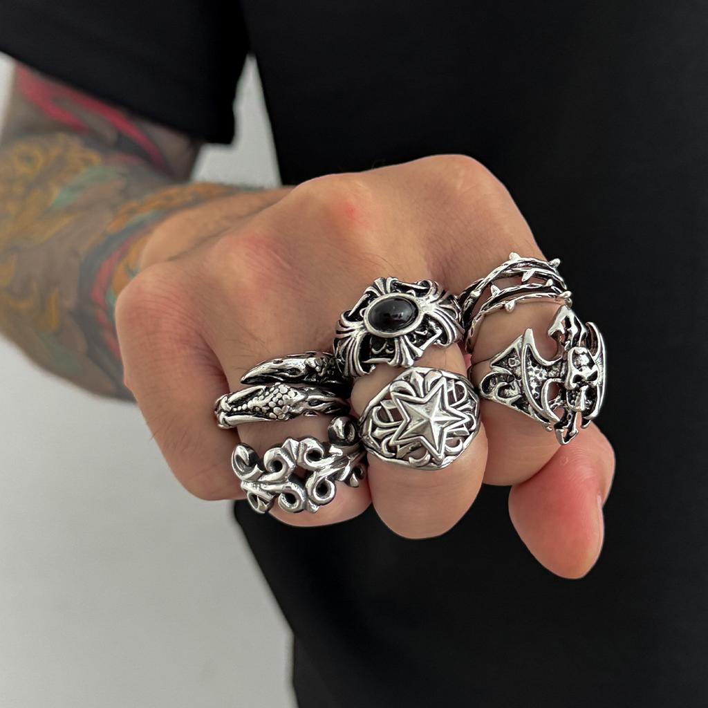 6Pcs Antique Silver Open Ring Set Male, Hip Hop Diablo Exaggerated Ring Accessories Gift