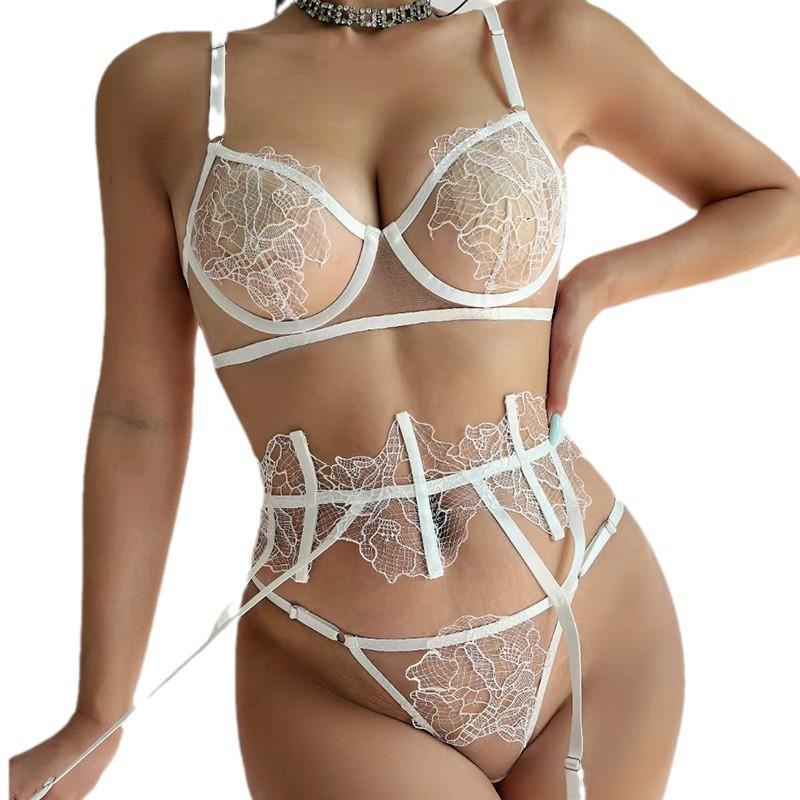 Spitzen-Netz-Set Damen Dünner Transparenter BH Strumpfhalter Tanga 3-teilige Dessous in Schwarz Weiß Rot