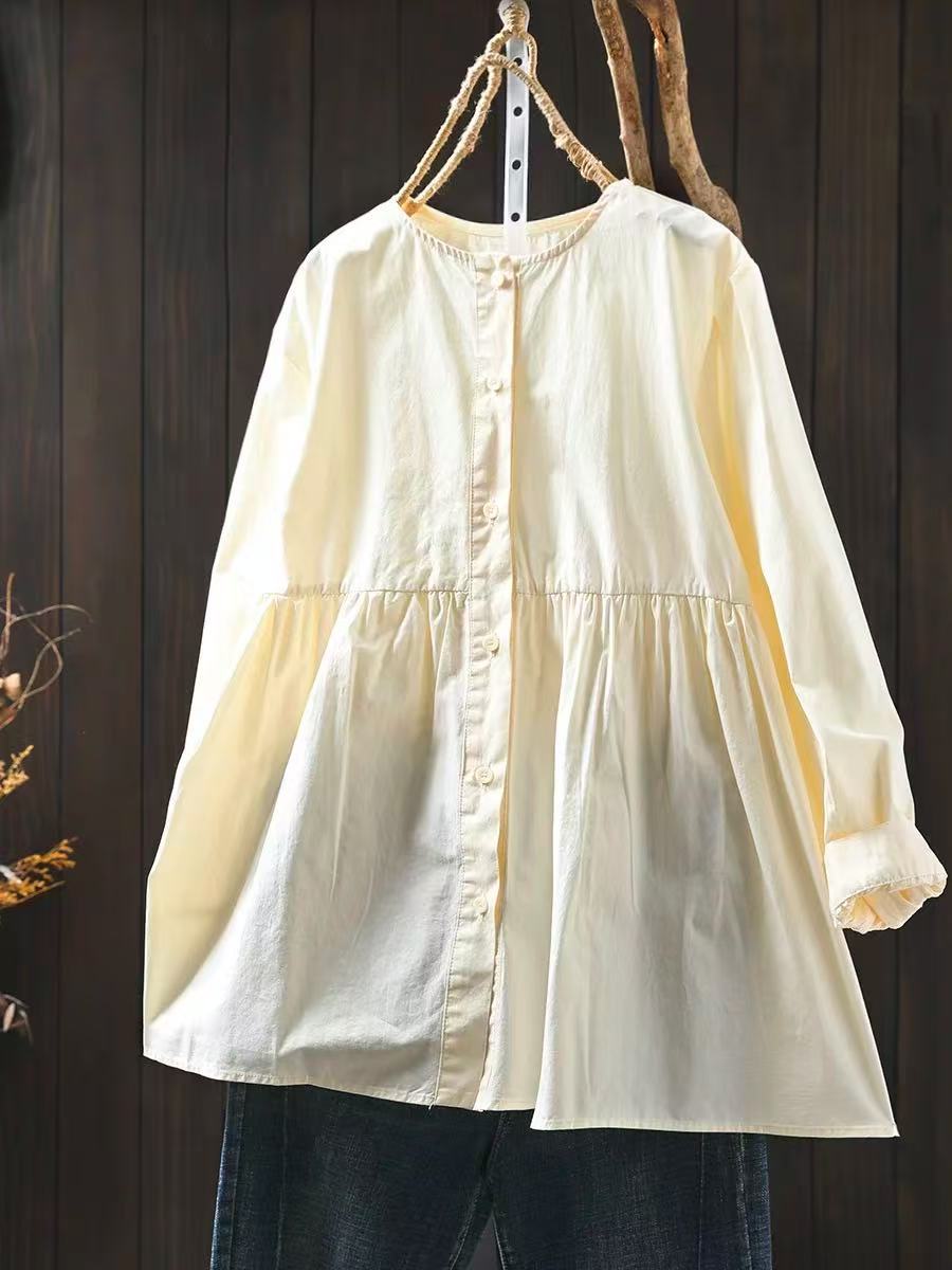 

Johnature Women Casual Shirts Solid Color Spring Tops O-Neck Long Sleeve Button Blouses Soft Women Loose Shirts One Size бежевый