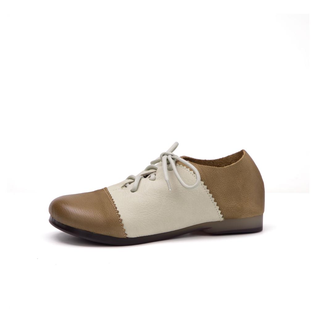 Johnature Cowhide Mixed Colors Casual Flats Comfortable Retro Genuine Leather Lace Up Versatile Women's Shoes