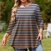 Ladies Stripe Print Plus Size 3/4 Sleeve Rounded Hem Round Neck Fashion Top
