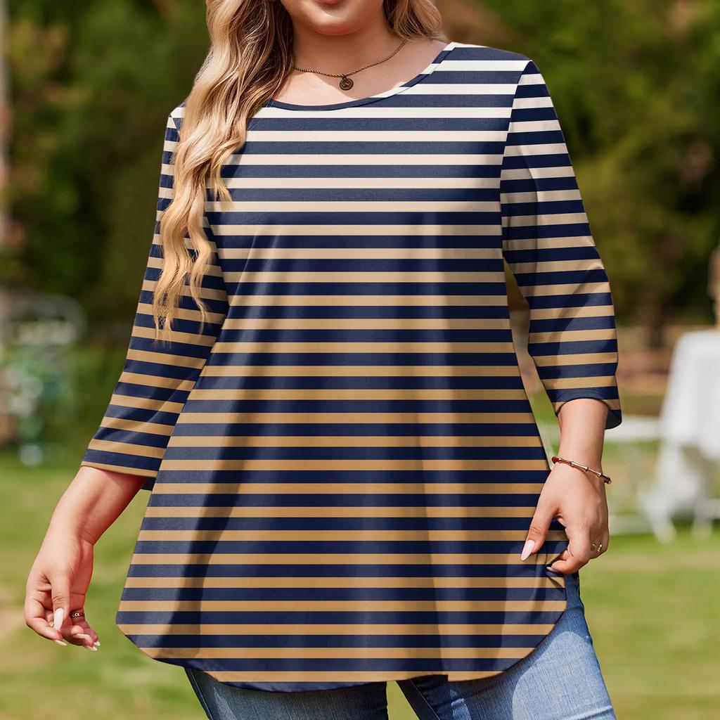 Ladies Stripe Print Plus Size 3/4 Sleeve Rounded Hem Round Neck Fashion Top