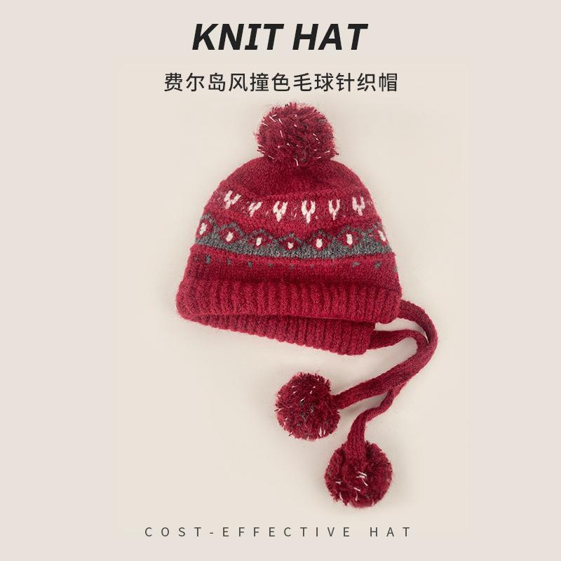 

Fair Isle Knit Hat Women Warm Ear-Covering Knit HatKorean-Style Cold-Weather Wool HatLarge Head Circumference Windproof Knit Hat One Size