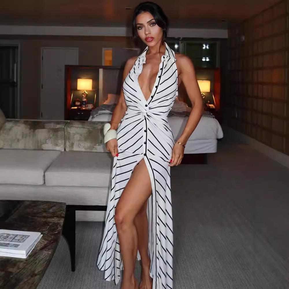 

2025 Платье с отложным воротником, однобортное, с полосатым принтом, женское, без рукавов, с открытой спиной, длинное, летнее, с высоким разрезом, сексуальное L белый
