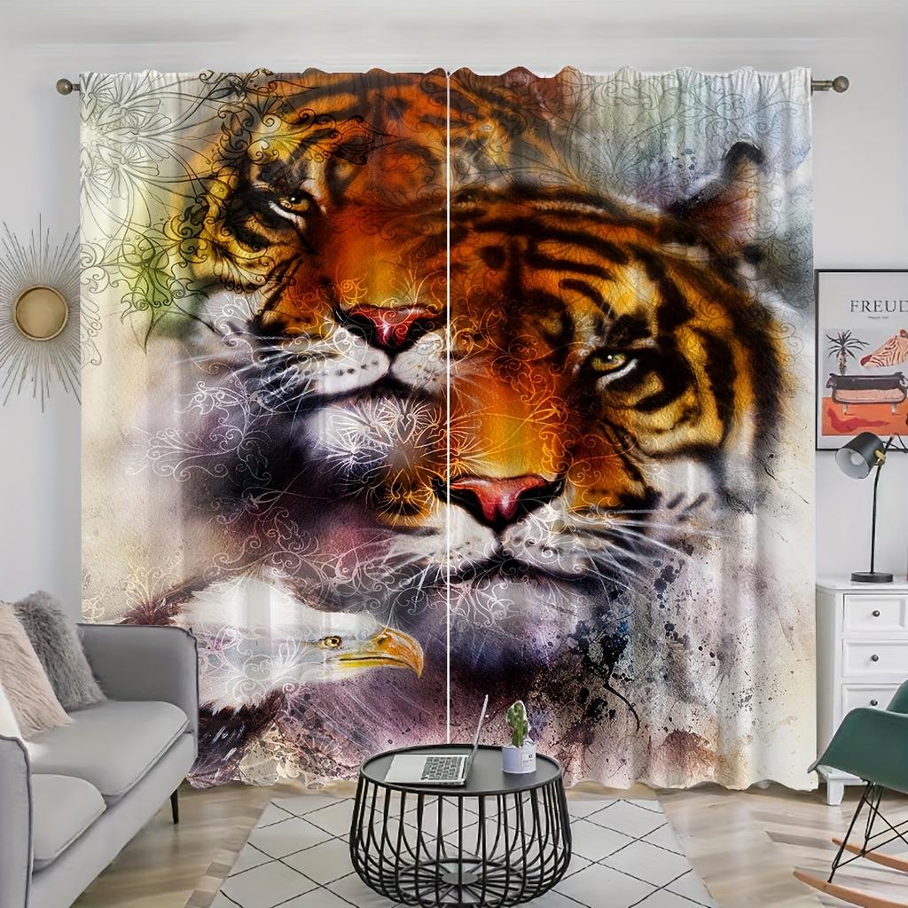 2pcs White Tiger Style Printed Curtain For Home Decor Rod Pocket Window Treatment For Bedroom Office Kitchen Living Room Study