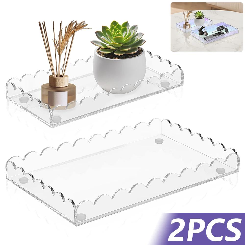 2Pcs Bathroom Tray Acrylic Transparent Tabletop Storage Tray Decorative Scalloped Vanity Tray for Bathroom Kitchen Living Room