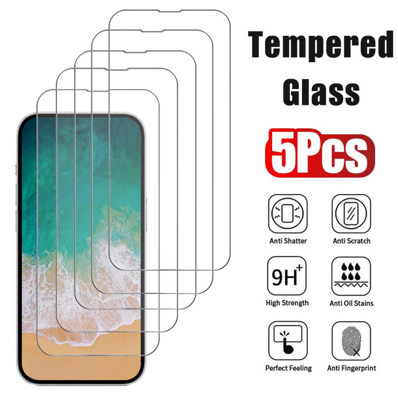 5pcs Vidro Temperado Para iPhone 17 16 15 14 13 12 11 Pro Max Protetor De Tela Para iPhone 12Mini  14 Plus 14Pro Vidro 16Pro 14Pro Vidro 16Pro Max
