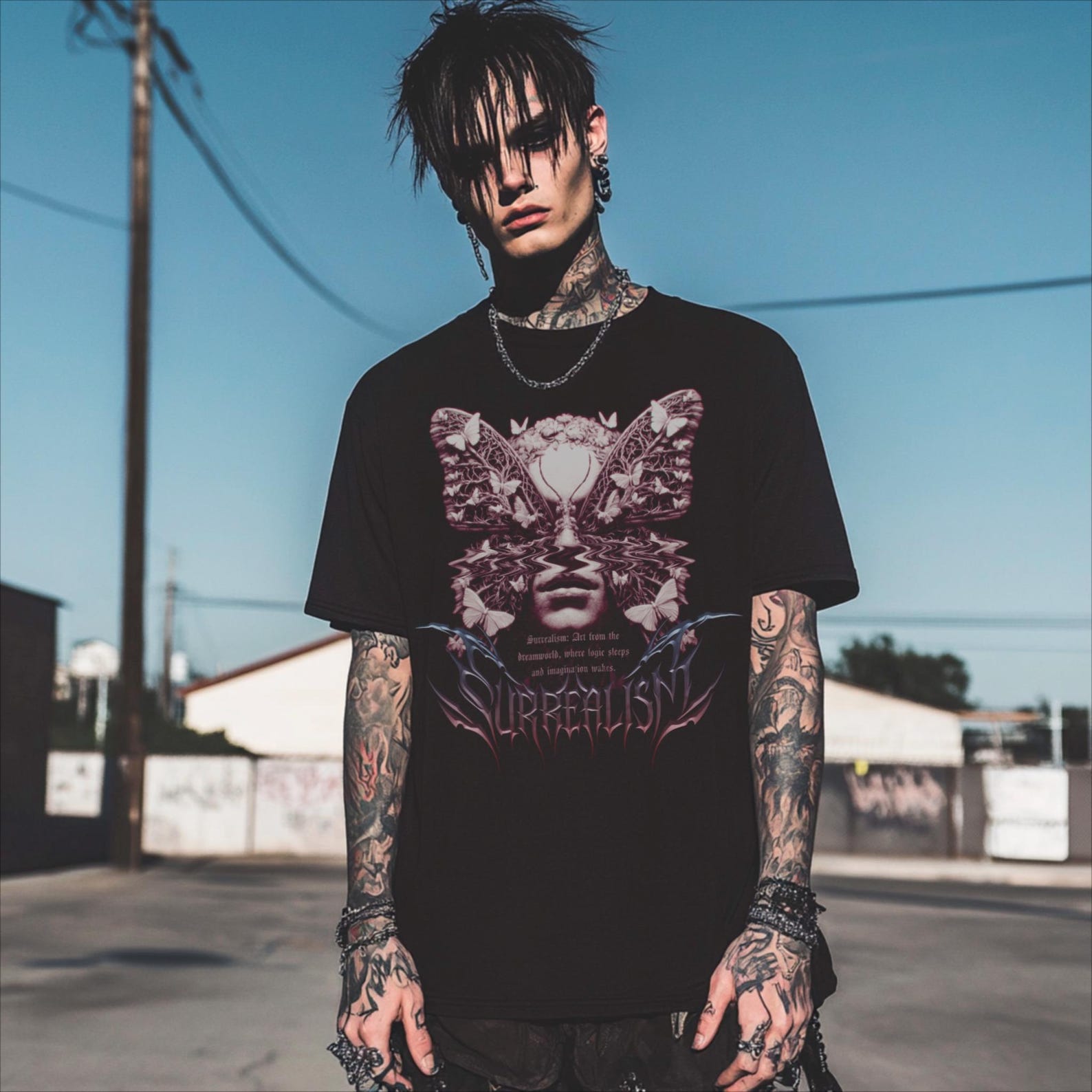 Surreal Butterfly Face Graphic Tee: Trippy Metalcore Fashion M
