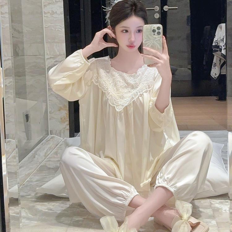 Ice Pure Maiden: Sweet Princess-Style Lace Pajamas - Long Sleeve, Light Luxury Ice Silk for Spring & Autumn