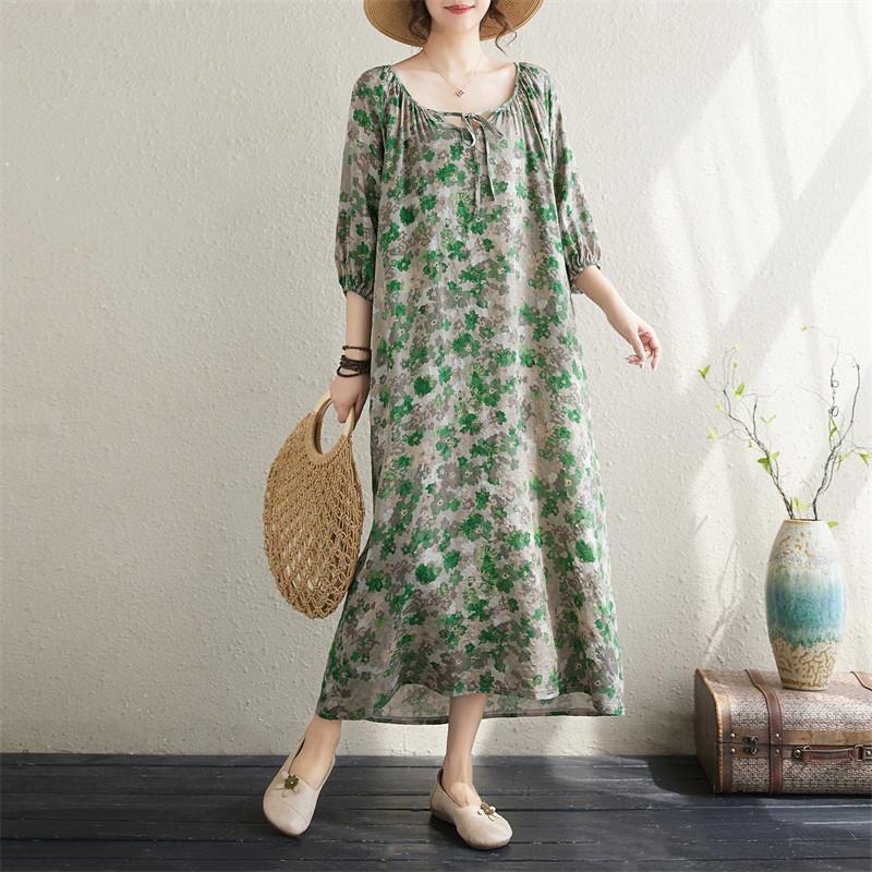 Krátký rukáv Plus size Bavlněné vintage květinové nové šaty pro ženy ležérní volné dlouhé letní šaty