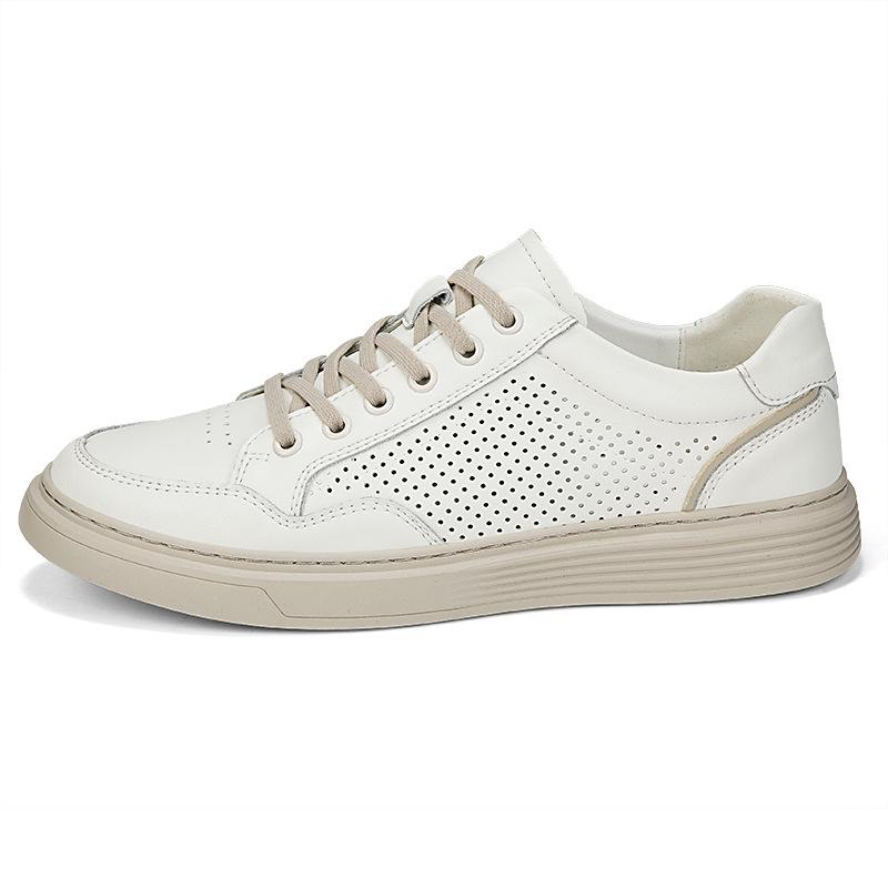 Men s Summer Perforated Leather Sneakers - Breathable Genuine Cowhide with Thick Sole 42