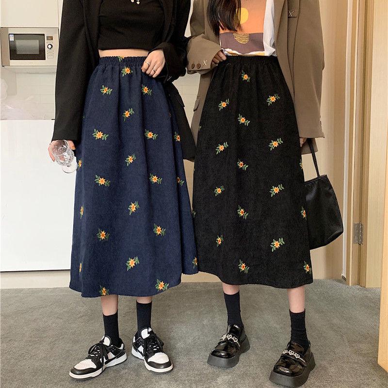 Corduroy A-line Midi Skirt - High Waist, Floral Spring/Autumn Style for Women