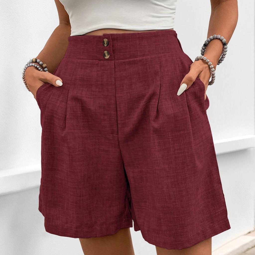 Women's Loose Casual Pants Button -Color High Waist Straight Shorts