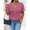 Einfarbiges Damen-T-Shirt mit Reißverschluss-Pullover, mit gefälschter Tasche, große Größe, kurze Ärmel, lockere Passform.