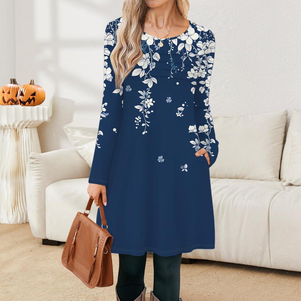 Women's Long Sleeve Dress Fall Casual T Shirt Loose Fit Pleated Front Dresses With Pockets