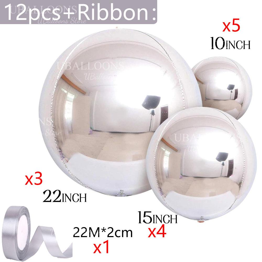 12pcs Silver 4D Balloons with Ribbon 22/15/10Inch Metal Silver Round Foil Hanging Balloon for Happy Birthday Wedding Party Decor