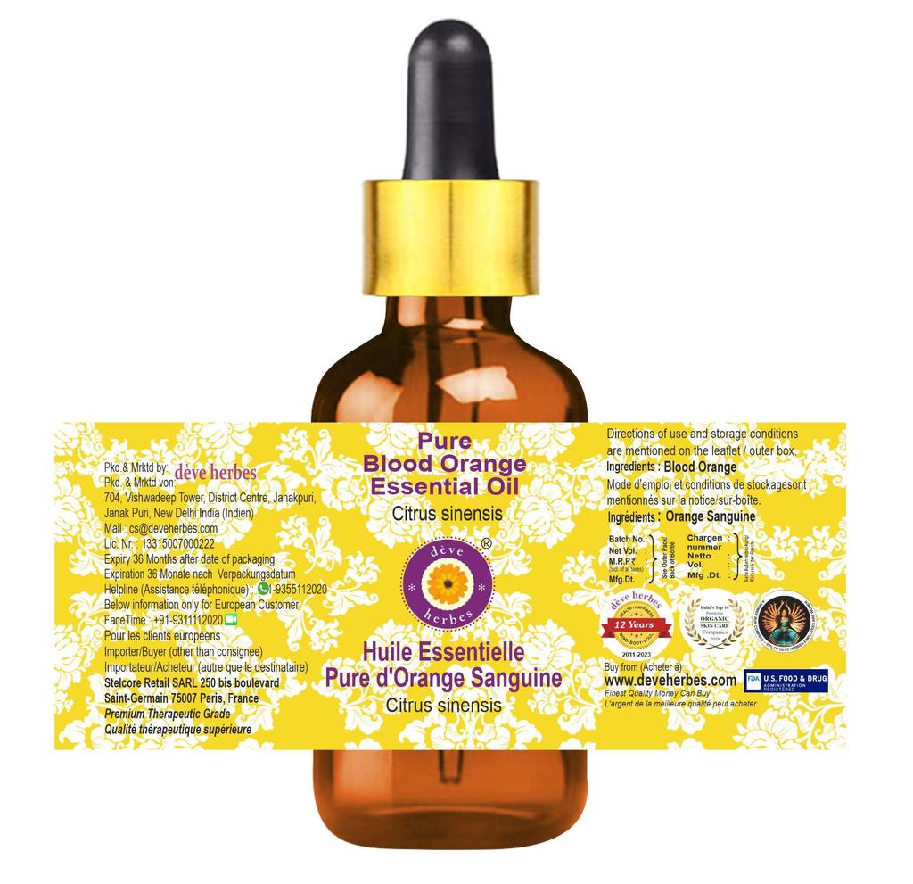 Deve Herbes Blood Orange Essential Oil (Citrus Sinensis) with Glass Dropper Pure | Non-Sticky | Non-greasy | Lightweight | Men & Women | All Skin