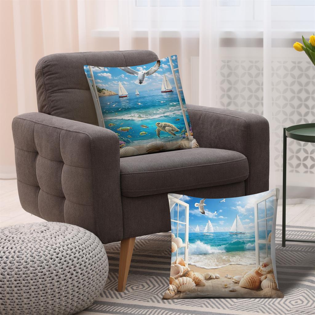 Window Beach View Pillow Covers, Coastal Seagull Sailboat Art Throw Pillow Cases, Nautical Ocean Home Decor Cushion Covers