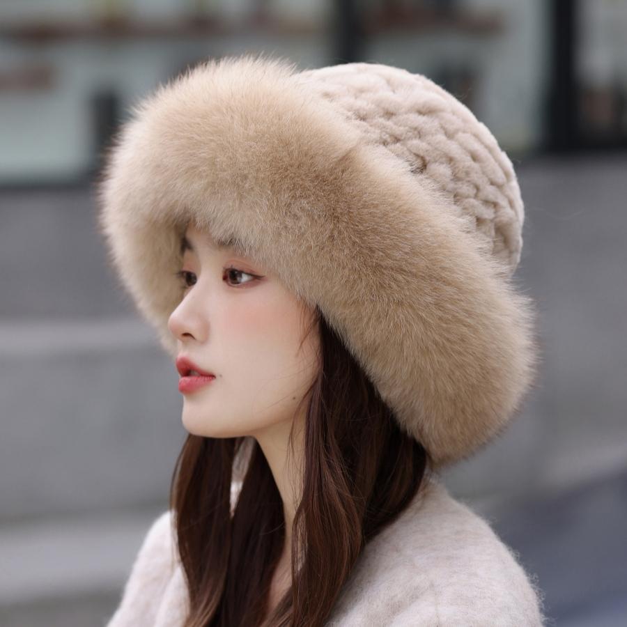 Bucket Hat Rabbit Hair Knitted Elastic Headgear Warm Female Autumn and Winter Fox Fur Hat