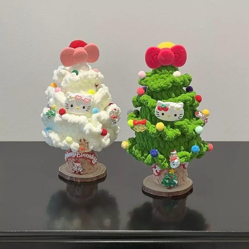 Hello Kitty Christmas Tree Handmade Knitted Ornament With Butterfly Bow For Holiday Decor