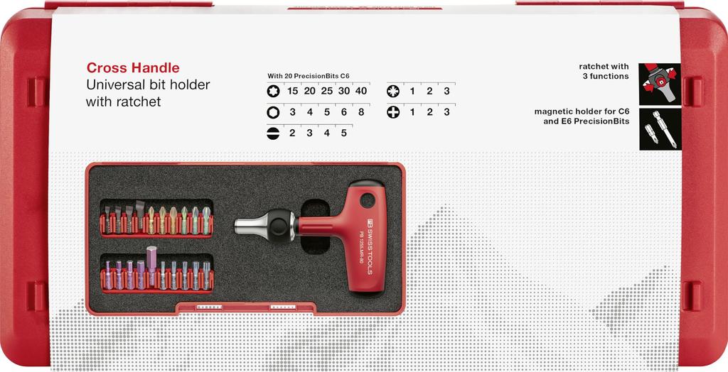 PB Swiss Tools Ratchet Driver Bit Set with Compatible with Series Hex 20-Piece T-Shaped Cross-Handle Case, C6/E6 1/4" Bits, 1255.MRSETCBB