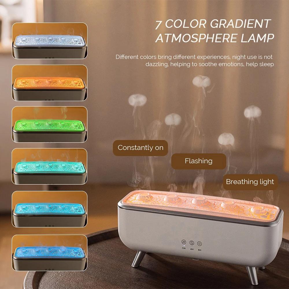 Dynamic Jellyfish Multi Spray Incense Humidifier Desktop Smoke Ring Humidifier Household 5-hole Fog Seven Color Lamp Diffuser.