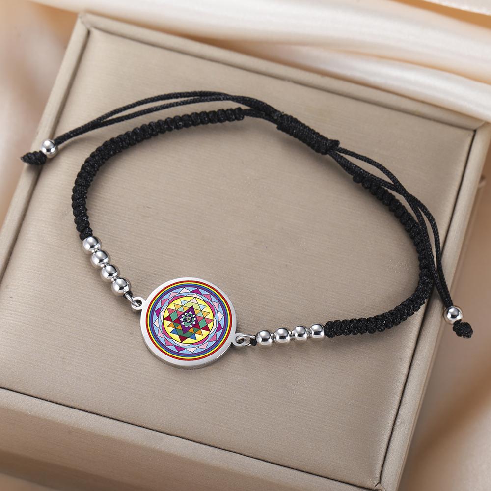Dawapara Sri Yantra Bracelet Adjustable Braided Rope Sacred Geometry Mandala Chakra Spiritual Jewelry Stainless Steel