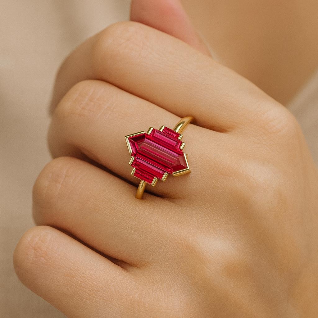 Geometric Ruby Red Gemstone Ring, Yellow Gold Plated 925 Sterling Silver, Art Deco Statement Jewelry, Anniversary Gift for Her
