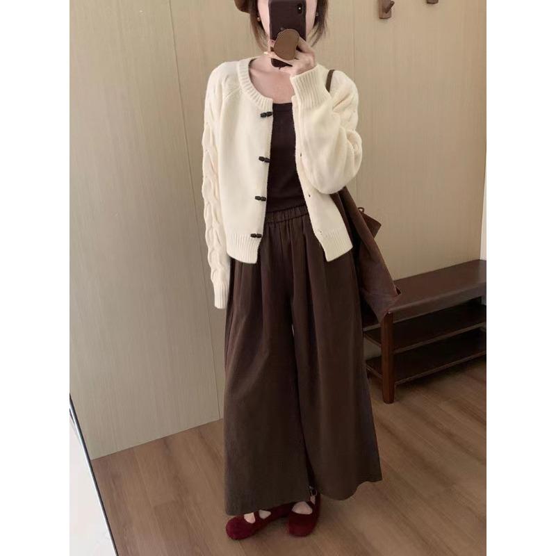 New retro horn button sweater jacket for women's casual simple crew neck cardigan jacket for women