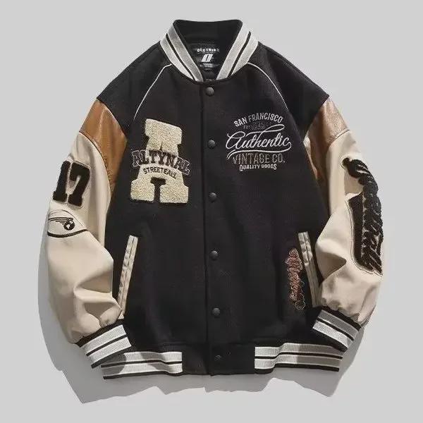 Trendige Herren-Baseballjacke mit Stickerei – Frühling/Herbst Street Style, Lockerer Schnitt, Leder Freizeitkleidung